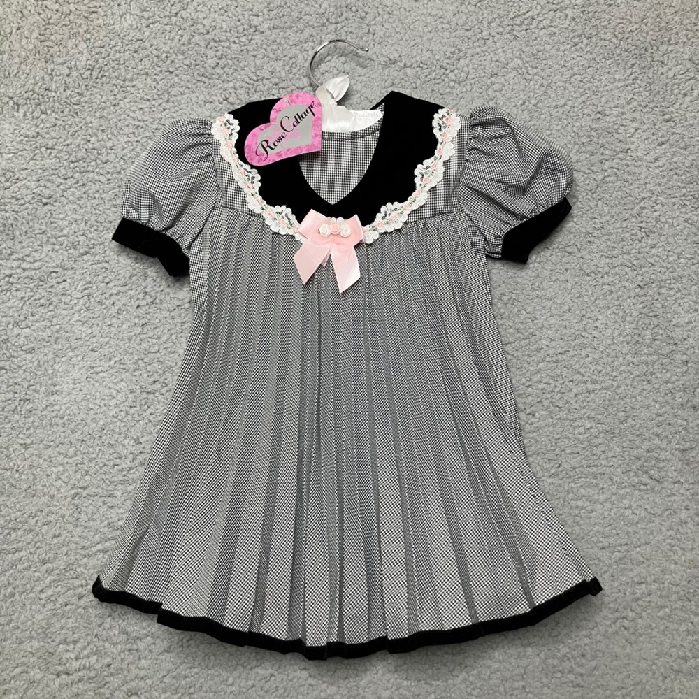 VTG NWT Rose Cottage Pleated Dress Kids 24M Black Houndstooth Velvet Lace Collar